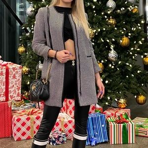 Ann Taylor size XS tweed dotted coat jacket black white cotton leather fall